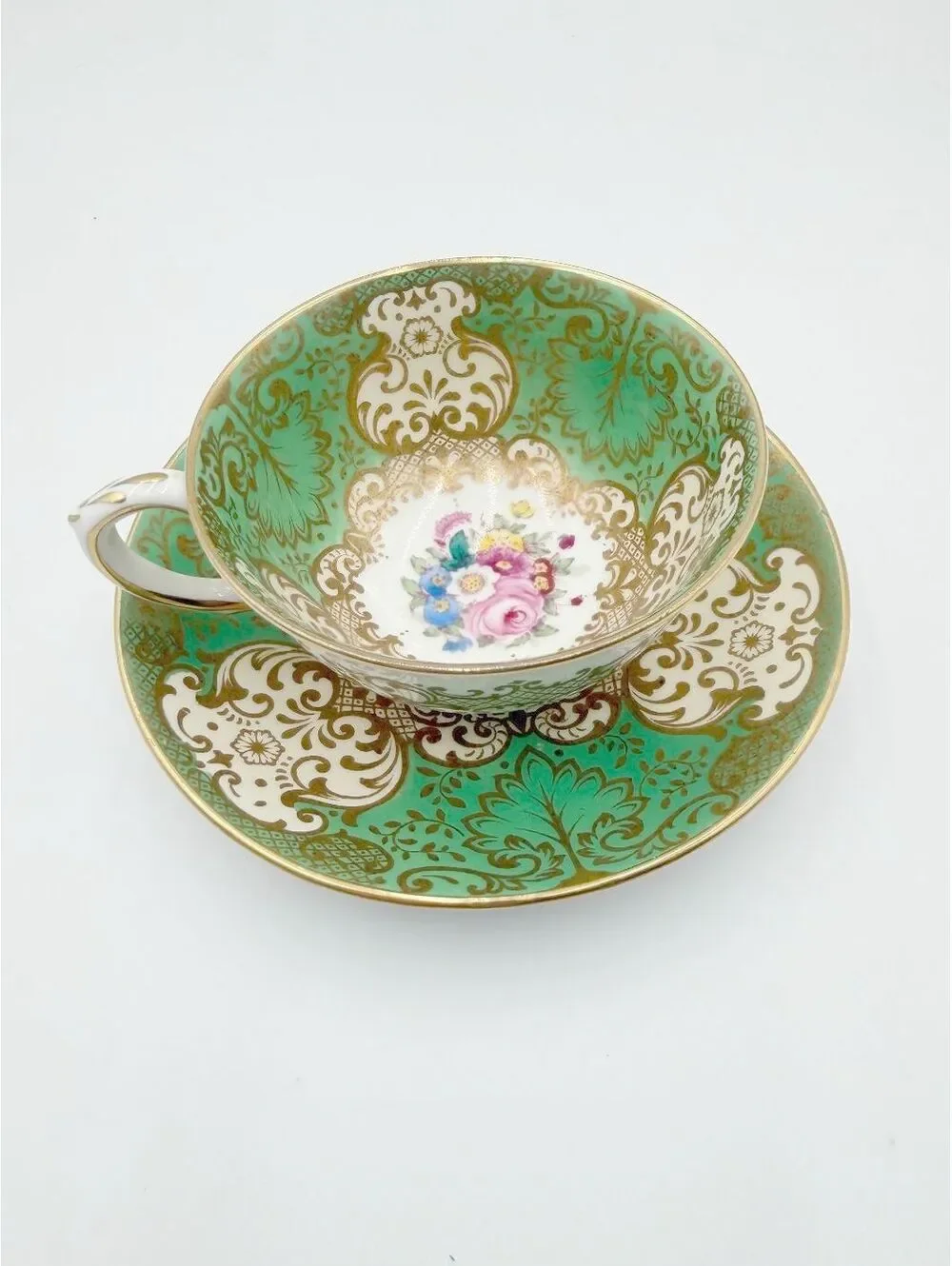 Crown Staffordshire Vintage Teacup Saucer Green Gold Floral Bone China A14099